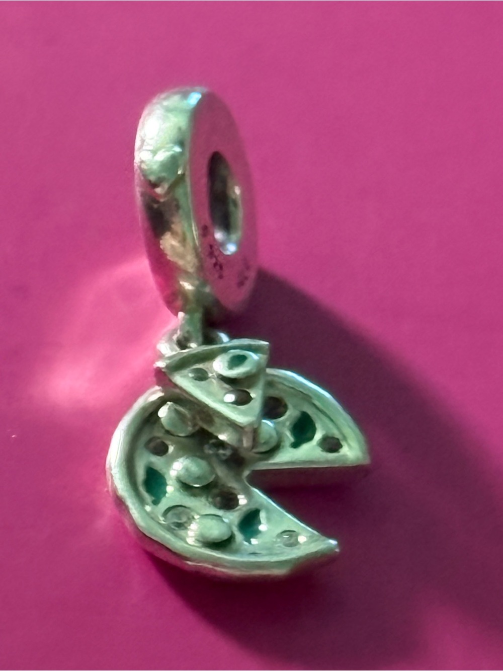 Pandora Silver Pizza Slice Dangle Charm with Green Enamel